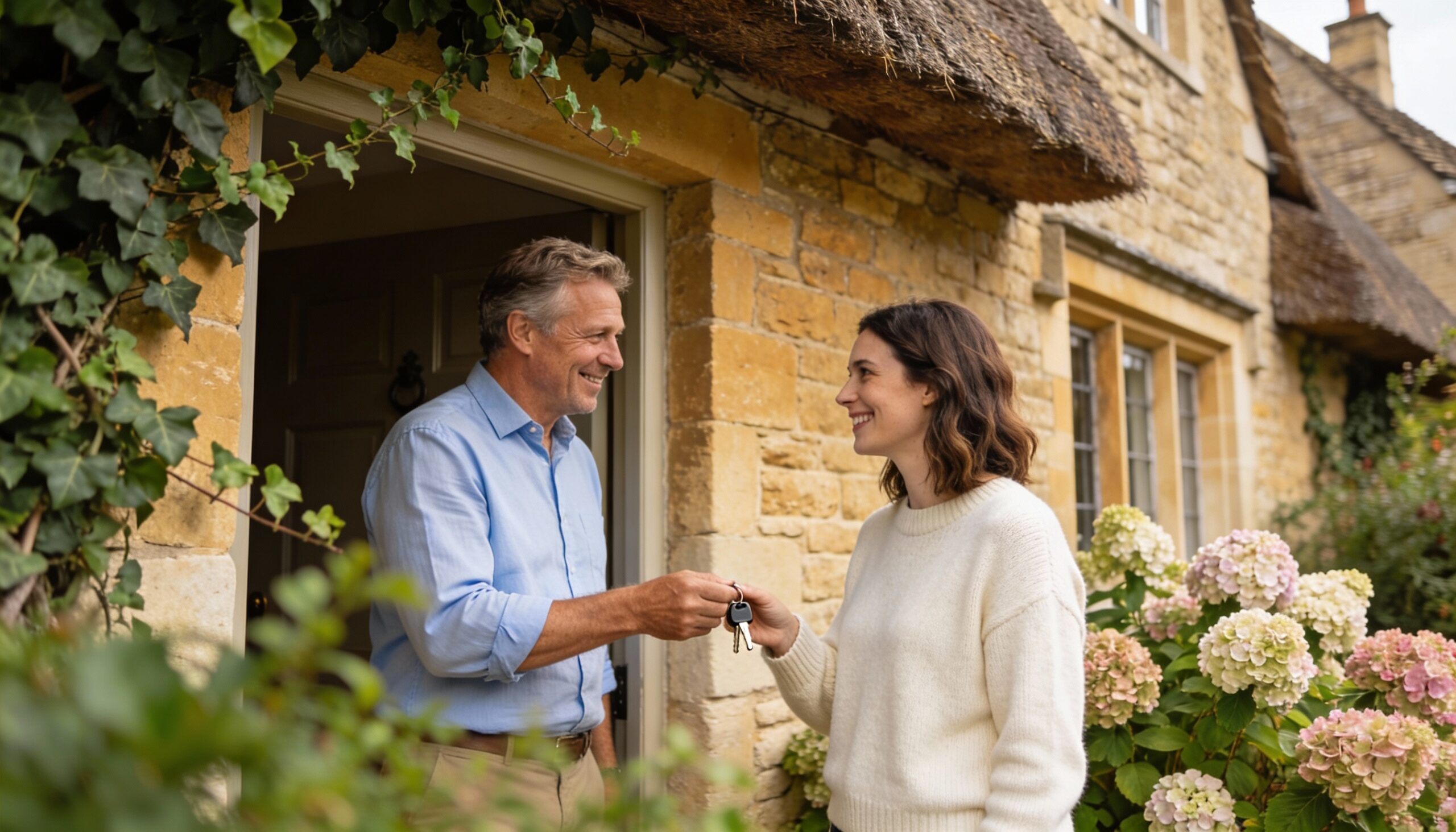 Landlord and tenant outside a well-presented Cotswold home managed by Pheasant Retreats