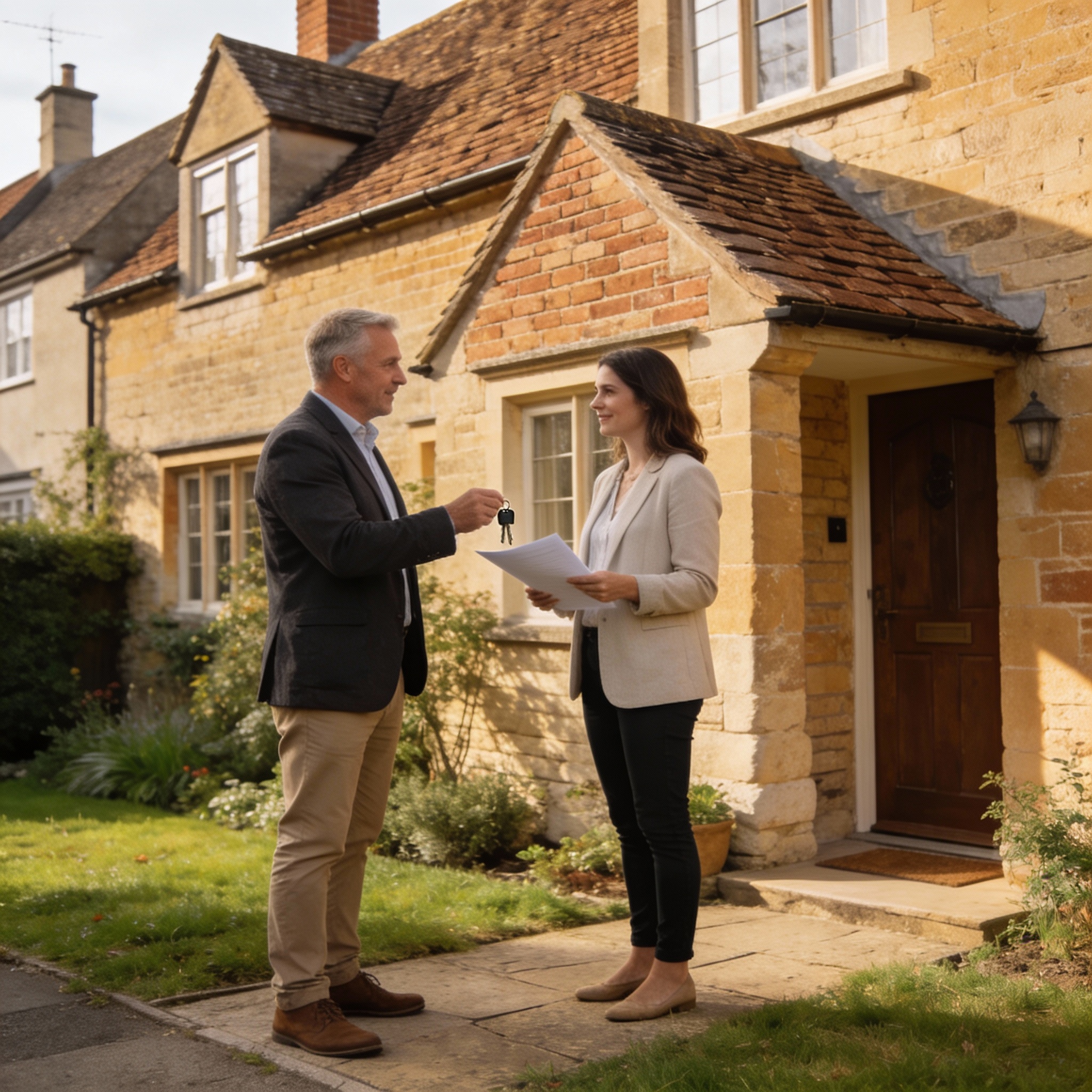 Landlord and tenant outside a well-presented Cotswold home managed by Pheasant Retreats