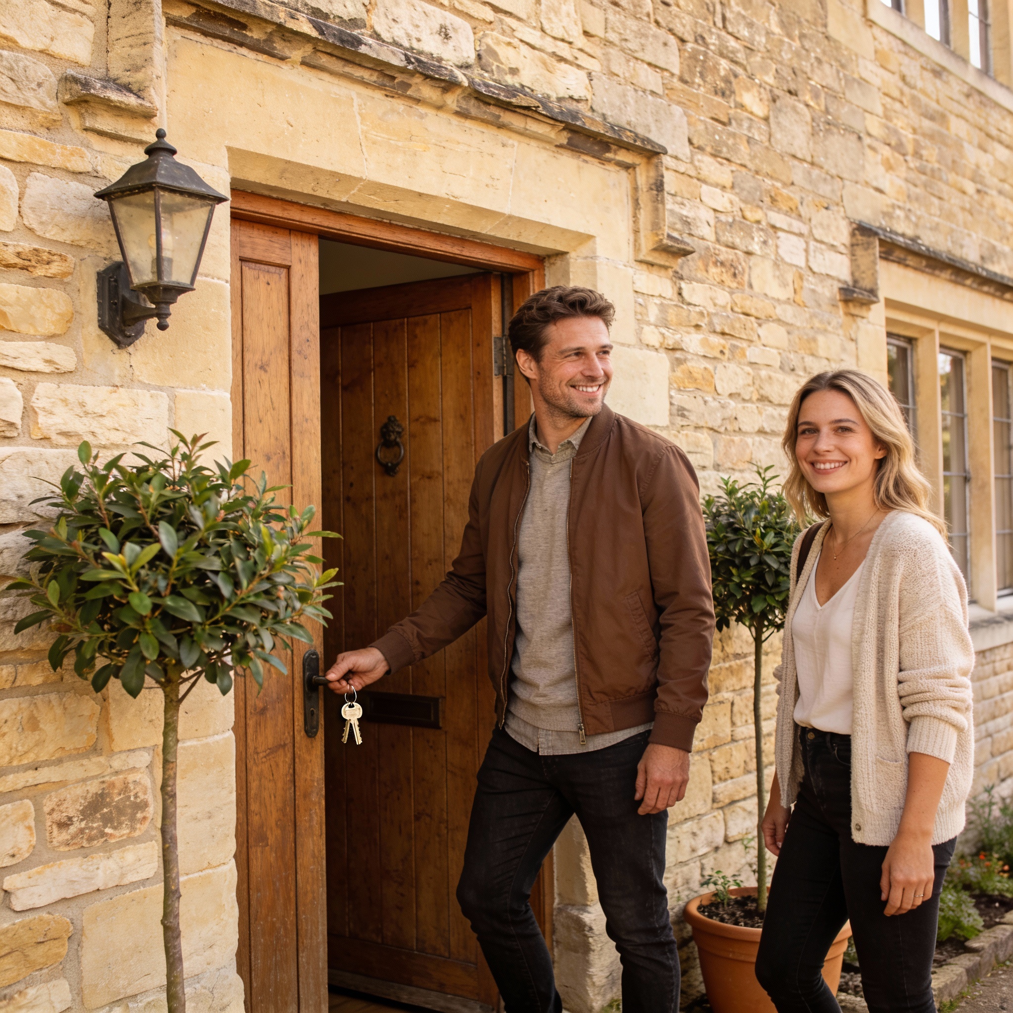 Tenants outside a traditional Cotswold home available through Pheasant Retreats
